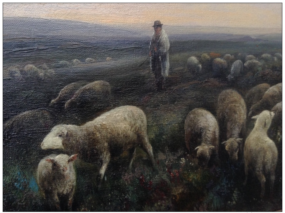 Antique Impressionist Austrian Emil Barbarini (1855-1933) Oil Painting Shepherd Sunset FREE SHIPPING - Oils