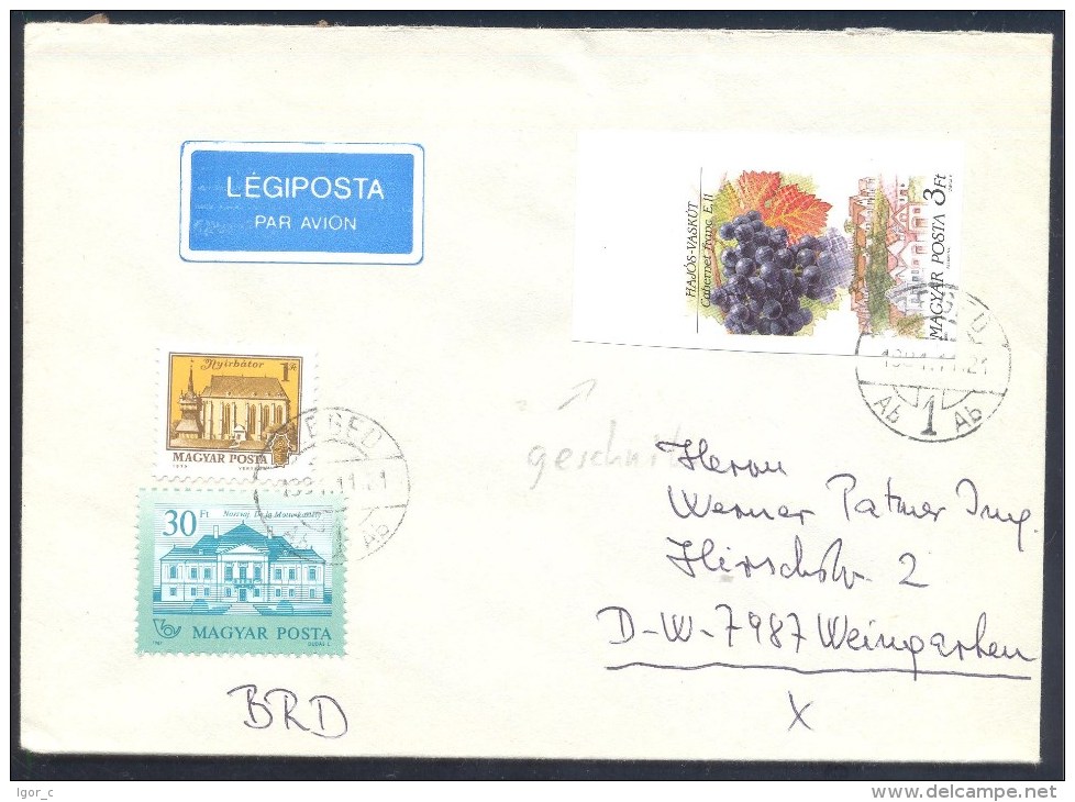 Hungary 1991 Air Mail Cover Wine Grapes Vine Trauben Raisins Uvas Uva; Cabernet; Stamp Type B - Not Perforated - Wein & Alkohol