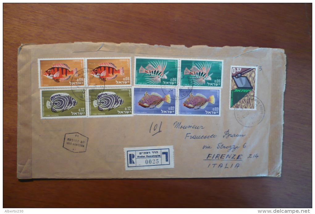 9065 ISRAEL - REGISTERED COVER TO ITALY - 1963? - MIXED FRANKING - FISH - 9 STAMPS - Storia Postale
