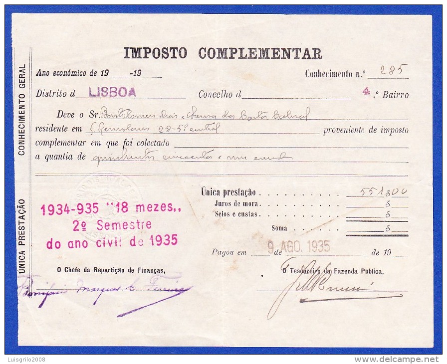 1935 - IMPOSTO COMPLEMENTAR - REPARTIÇÃO DISTRITAL DE FINANÇAS LISBOA, 9.AGO.1935 - Portogallo