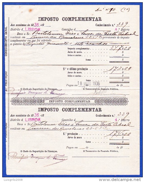 1936 - IMPOSTO COMPLEMENTAR - REPARTIÇÃO DISTRITAL DE FINANÇAS LISBOA, 18.MAI.O.1936 - Portogallo