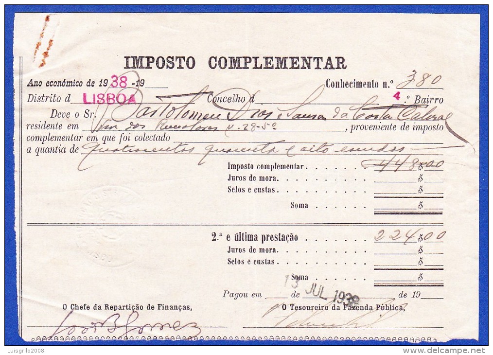 1938 - IMPOSTO COMPLEMENTAR - REPARTIÇÃO DISTRITAL DE FINANÇAS LISBOA, 13.JULHO.1938 - Portugal