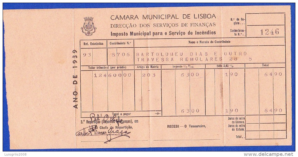 1939 - IMPOSTO MUNICIPAL PARA O SERVIÇO DE INCÊNDIOS .. CÂMARA MUNICIPAL DE LISBOA - Portugal