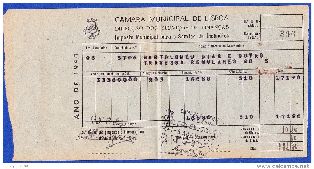 1940 - IMPOSTO MUNICIPAL PARA O SERVIÇO DE INCÊNDIOS .. CÂMARA MUNICIPAL DE LISBOA - Portugal