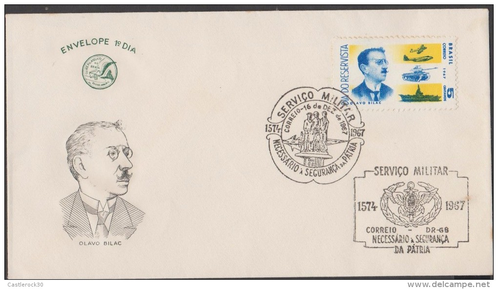 O) 1967 BRAZIL, AIRCRAFT,  WAR TANKS,  MILITARY SHIPS, OLABO BILAC - MILITARY MOVEMENT POET PARNASIANISTA, FDC SLIGHT TO - FDC