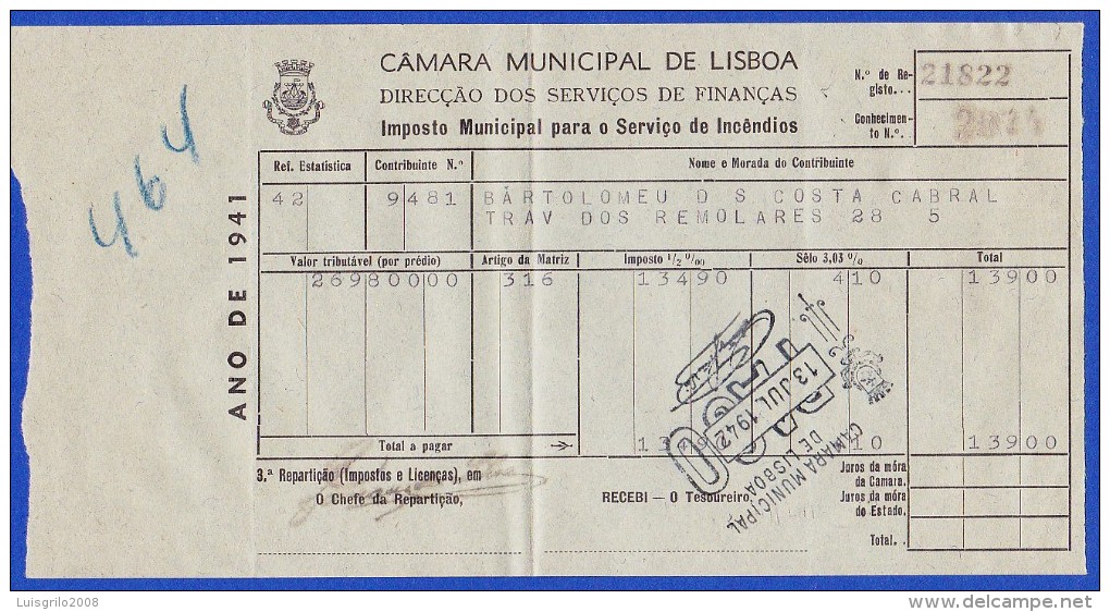 1941 - IMPOSTO MUNICIPAL PARA O SERVIÇO DE INCÊNDIOS .. CÂMARA MUNICIPAL DE LISBOA - Portugal