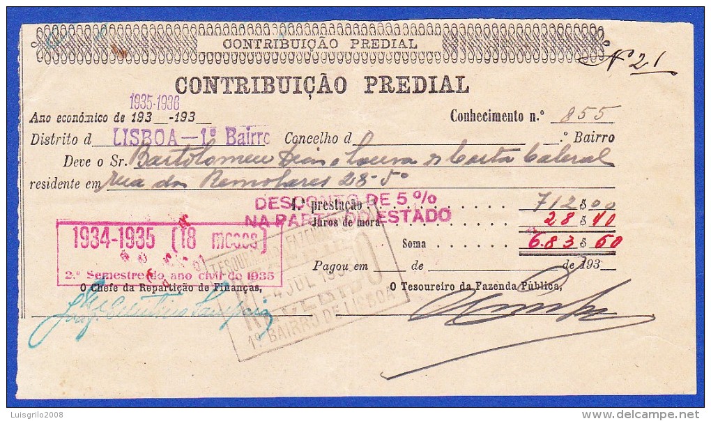 1935 - CONTRIBUIÇÃO PREDIAL - DISTRITO DE LISBOA 1º BAIRRO -- 4.JULHO.1935 - Portugal