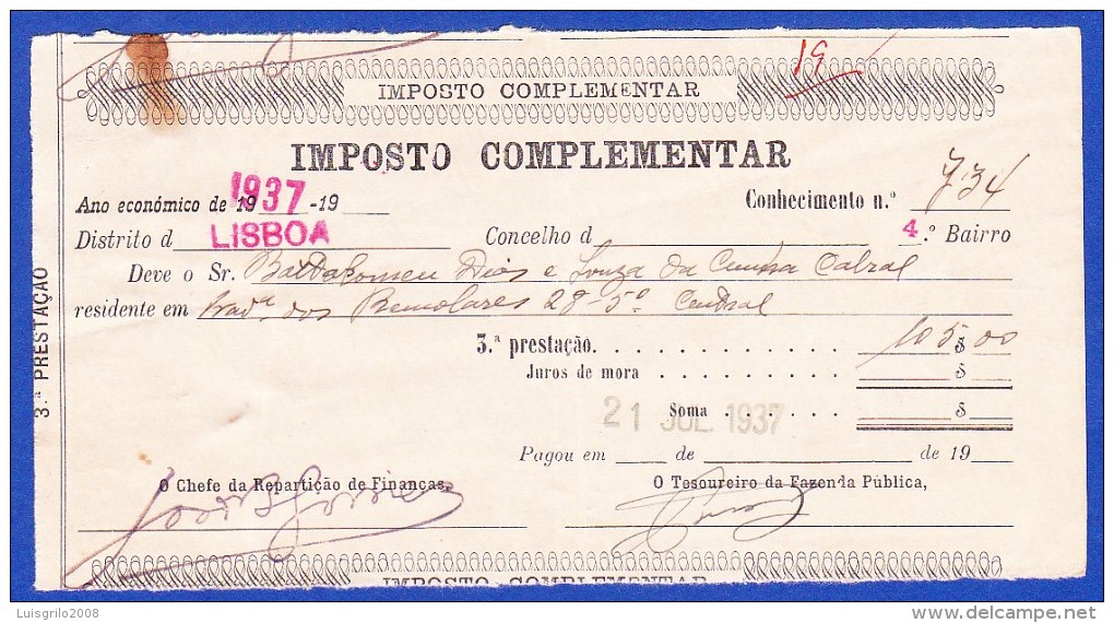 1937 - CONTRIBUIÇÃO PREDIAL - DISTRITO DE LISBOA 1º BAIRRO -- 21.JULHO.1937 - Portugal