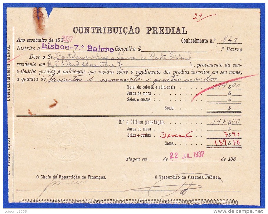 1937 - CONTRIBUIÇÃO PREDIAL - DISTRITO DE LISBOA 1º BAIRRO -- 22.JULHO.1937 - Portugal