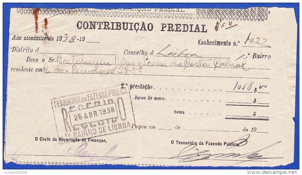 1938 - CONTRIBUIÇÃO PREDIAL - DISTRITO DE LISBOA 1º BAIRRO -- 25.ABRIL.1938 - Portogallo