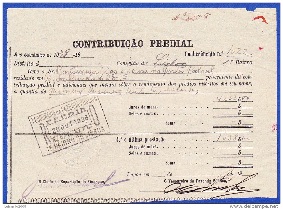 1938 - CONTRIBUIÇÃO PREDIAL - DISTRITO DE LISBOA 1º BAIRRO -- 20.OUTUBRO.1938 - Portugal