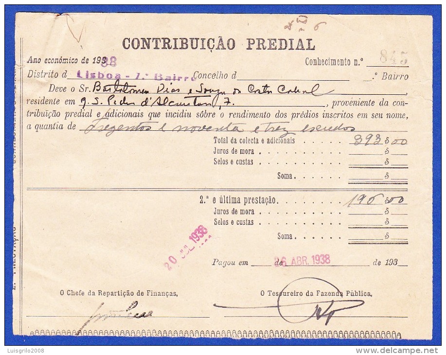 1938 - CONTRIBUIÇÃO PREDIAL - DISTRITO DE LISBOA 1º BAIRRO -- 20.JULHO.1938 - Portogallo