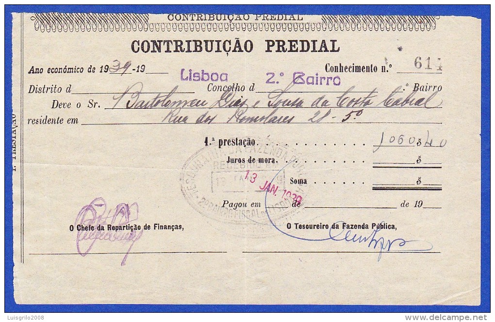 1939 - CONTRIBUIÇÃO PREDIAL - DISTRITO DE LISBOA 1º BAIRRO -- 13.JANEIRO.1939 - Portugal