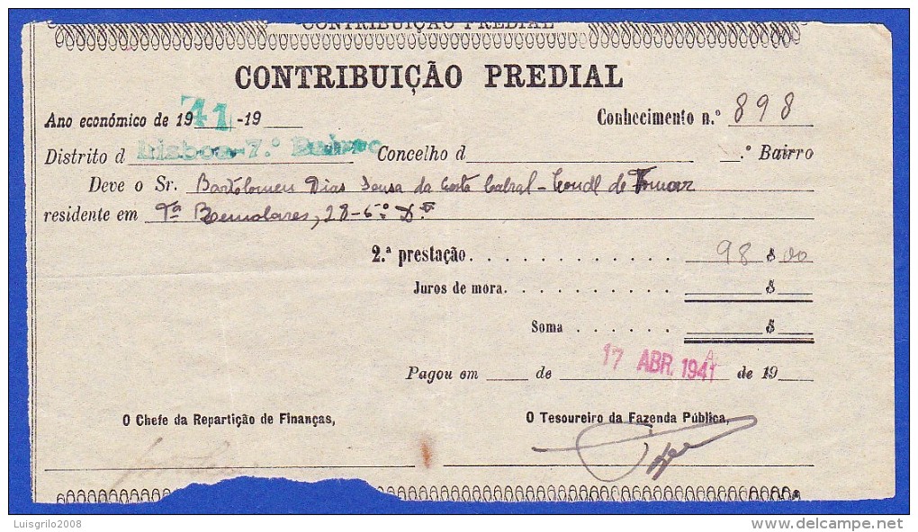 1941 - CONTRIBUIÇÃO PREDIAL - DISTRITO DE LISBOA 1º BAIRRO -- 17.ABRIL.1941 - Portogallo