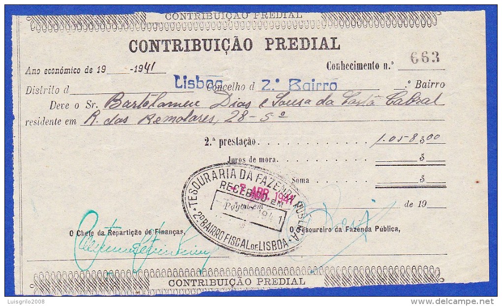 1941 - CONTRIBUIÇÃO PREDIAL - DISTRITO DE LISBOA 1º BAIRRO -- 7.ABRIL.1941 - Portogallo