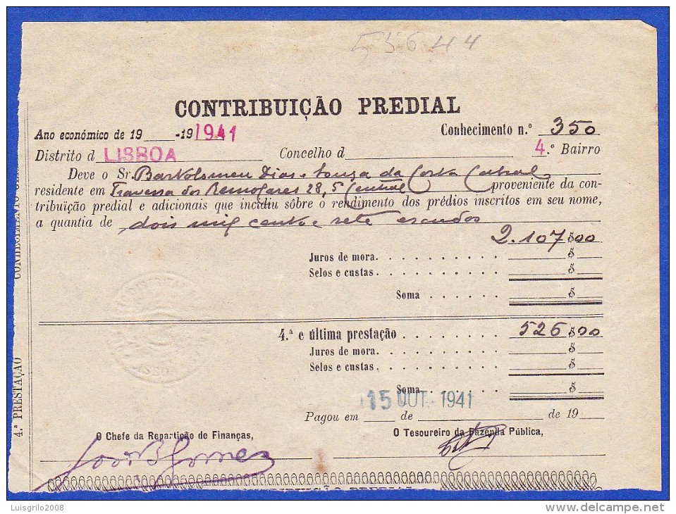 1941 - CONTRIBUIÇÃO PREDIAL - DISTRITO DE LISBOA 1º BAIRRO -- 15.OUTUBRO.1941 - Portugal