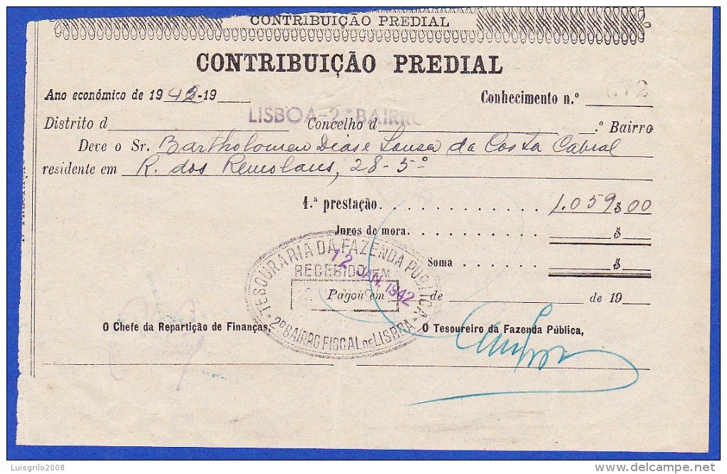 1942 - CONTRIBUIÇÃO PREDIAL - DISTRITO DE LISBOA 2º BAIRRO -- 12.JANEIRO.1942 - Portogallo