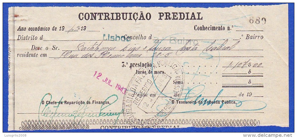 1943 - CONTRIBUIÇÃO PREDIAL - DISTRITO DE LISBOA 2º BAIRRO -- 12.JULHO.1943 - Portugal