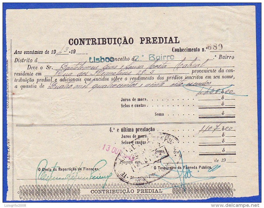 1943 - CONTRIBUIÇÃO PREDIAL - DISTRITO DE LISBOA 2º BAIRRO -- 13.OUTUBRO.1943 - Portugal