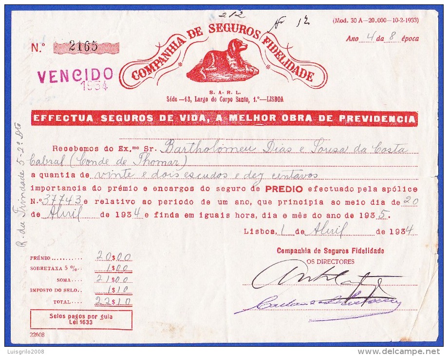 1934 - COMPANHIA DE SEGUROS FIDELIDADE - LARGO DO CORPO SANTO, 13 . LISBOA - Portogallo