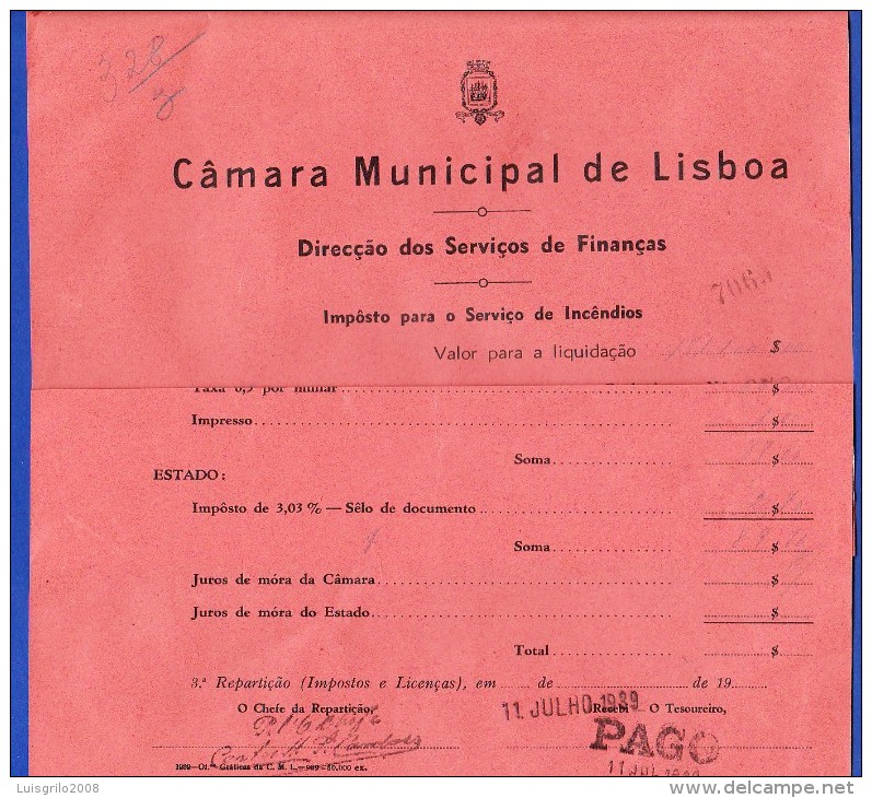 1939 - IMPOSTO PARA O SERVIÇO DE INCÊNDIOS - CÂMARA MUNICIPAL DE LISBOA (A FOLHA ESTÁ DOBRADA, NA IMAGEM) - Portogallo