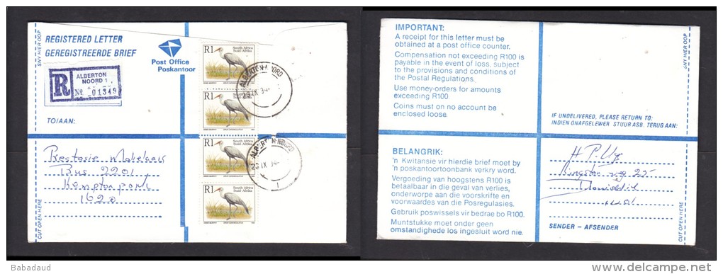 South Africa:  1994 Registered Letter : Franked R4.00,  ALBERTON NOORD 1  &gt; Kempton Park - Covers & Documents