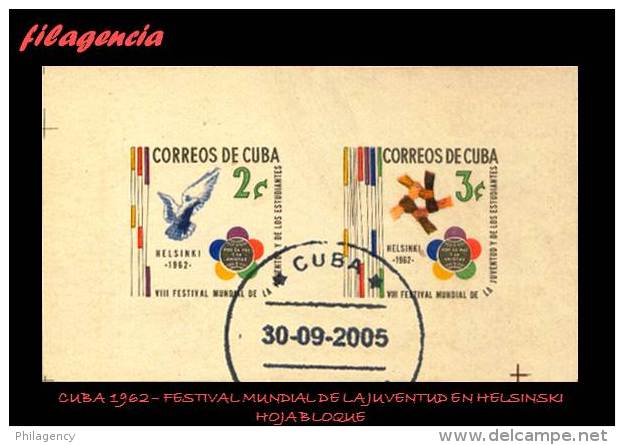 USADOS. CUBA. 1962-11 FESTIVAL MUNDIAL DE LA JUVENTUD EN HELSINKI. HOJA BLOQUE - Oblitérés