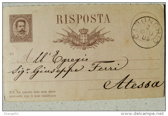 CARTOLINA POSTALE DA CARUNCHIO CHIETI AD ATESSA 1889 - CARTOLINA DI 126 ANNI!!! - Chieti