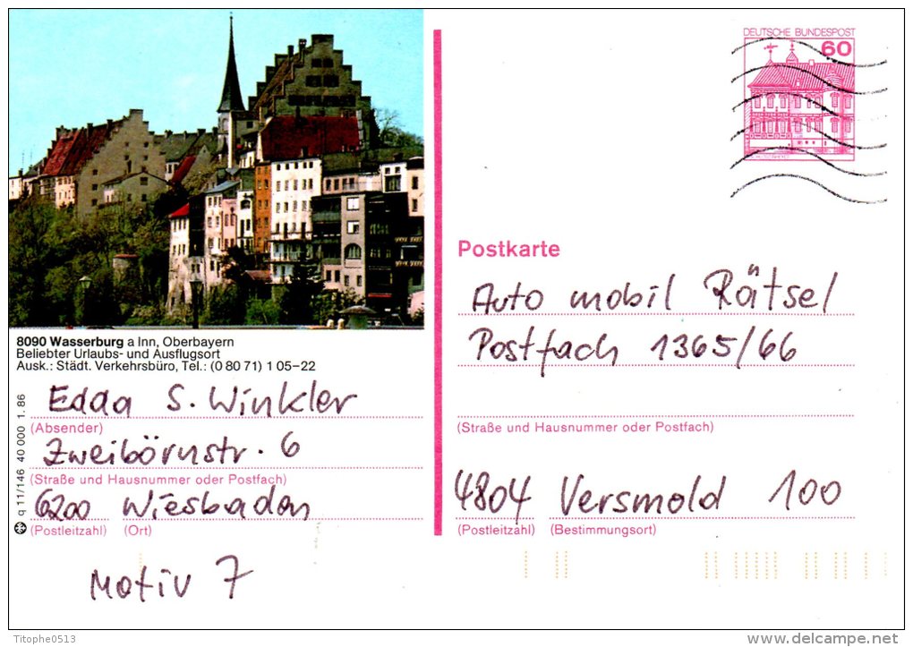 ALLEMAGNE. Carte Pré-timbrée Ayant Circulé En 1987. Wasserburg. - Illustrated Postcards - Used