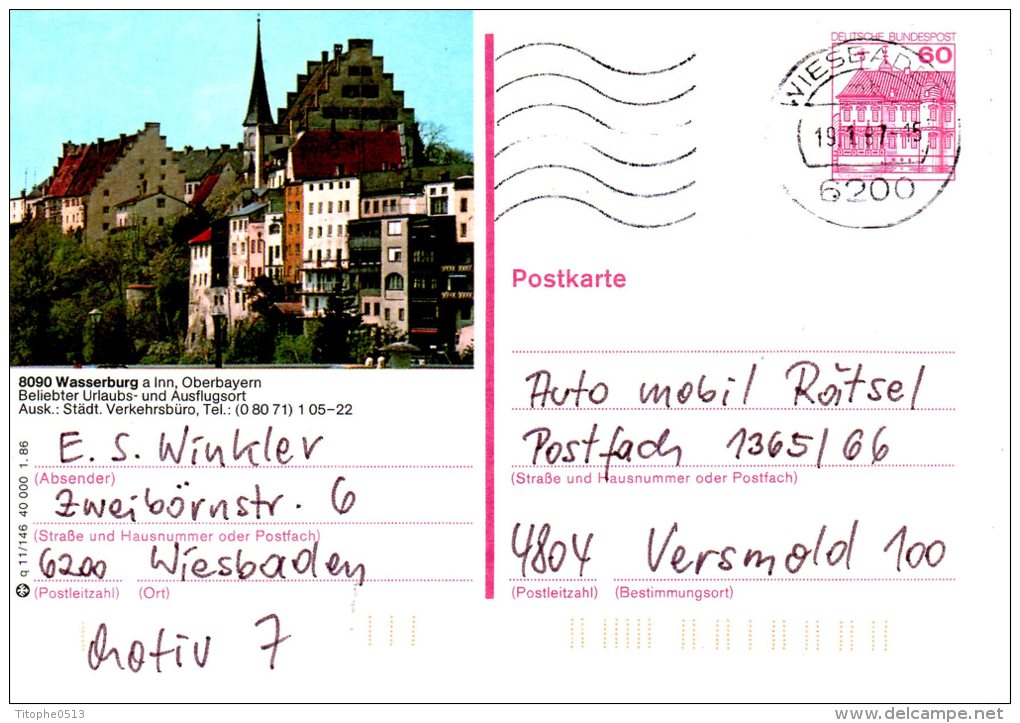 ALLEMAGNE. Carte Pré-timbrée Ayant Circulé En 1987. Wasserburg. - Illustrated Postcards - Used