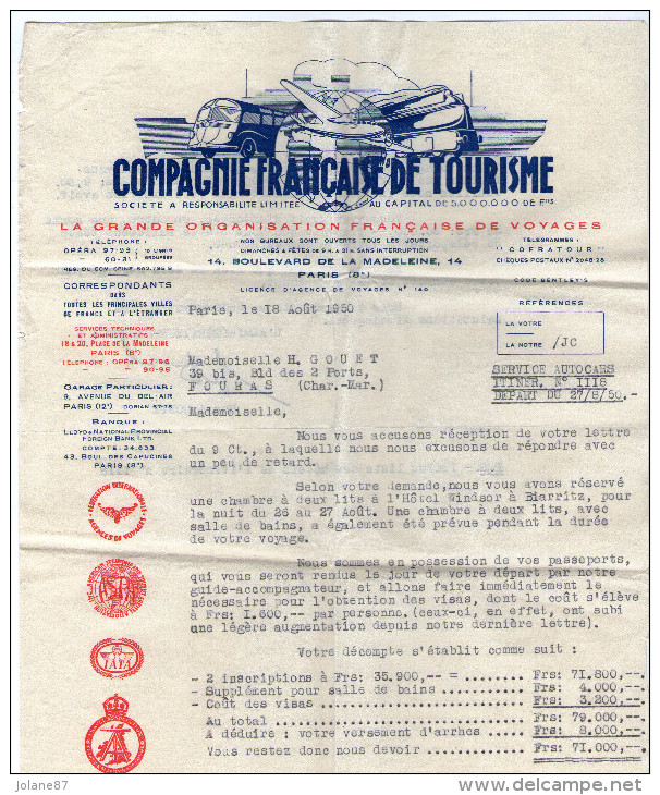 COMPAGNIE FRANCAISE DE TOURISME   1950   COURRIER ET FACTURE  POUR VOYAGE  HOTEL WINDSOR BIARRITZ - Sport & Tourismus