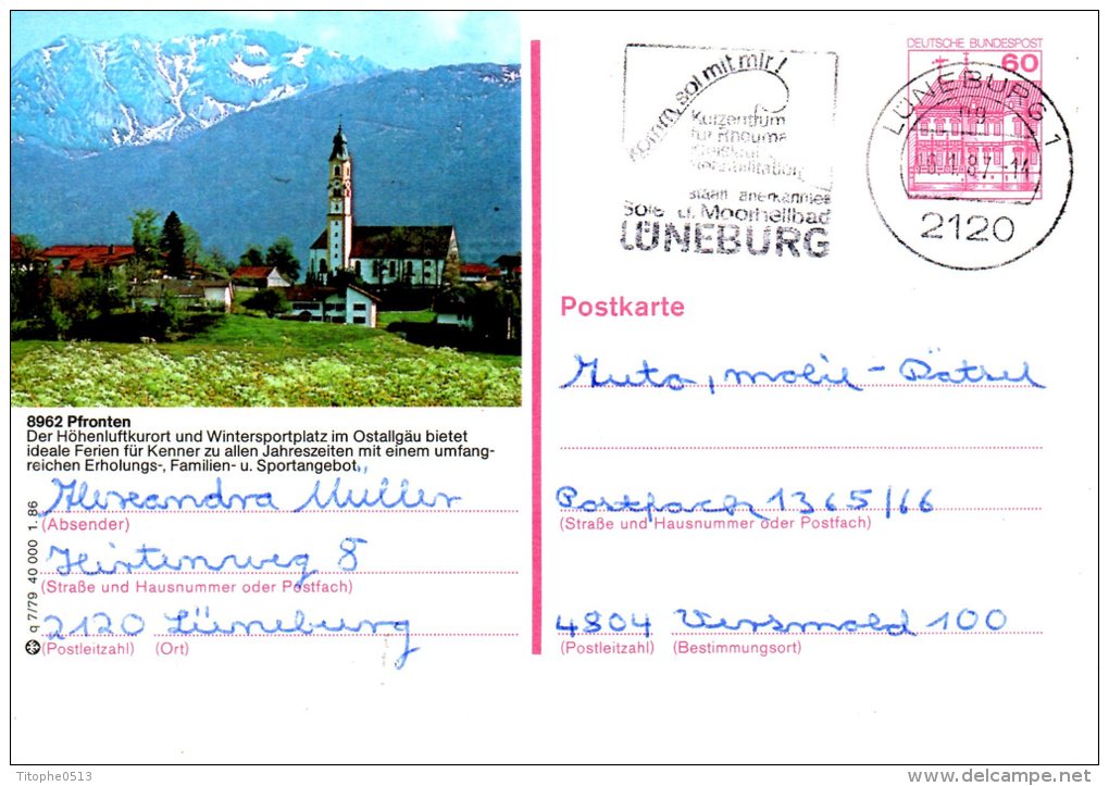 ALLEMAGNE. Carte Pré-timbrée Ayant Circulé En 1987. Pfronten. - Illustrated Postcards - Used