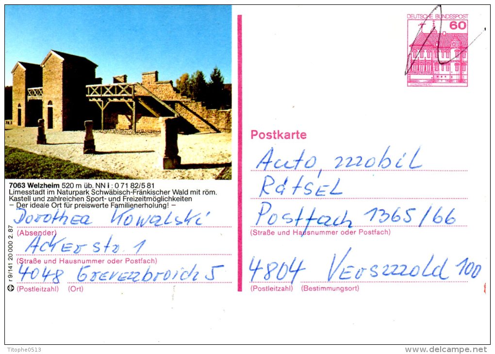 ALLEMAGNE. Carte Pré-timbrée Ayant Circulé. Welzheim. - Cartes Postales Illustrées - Oblitérées