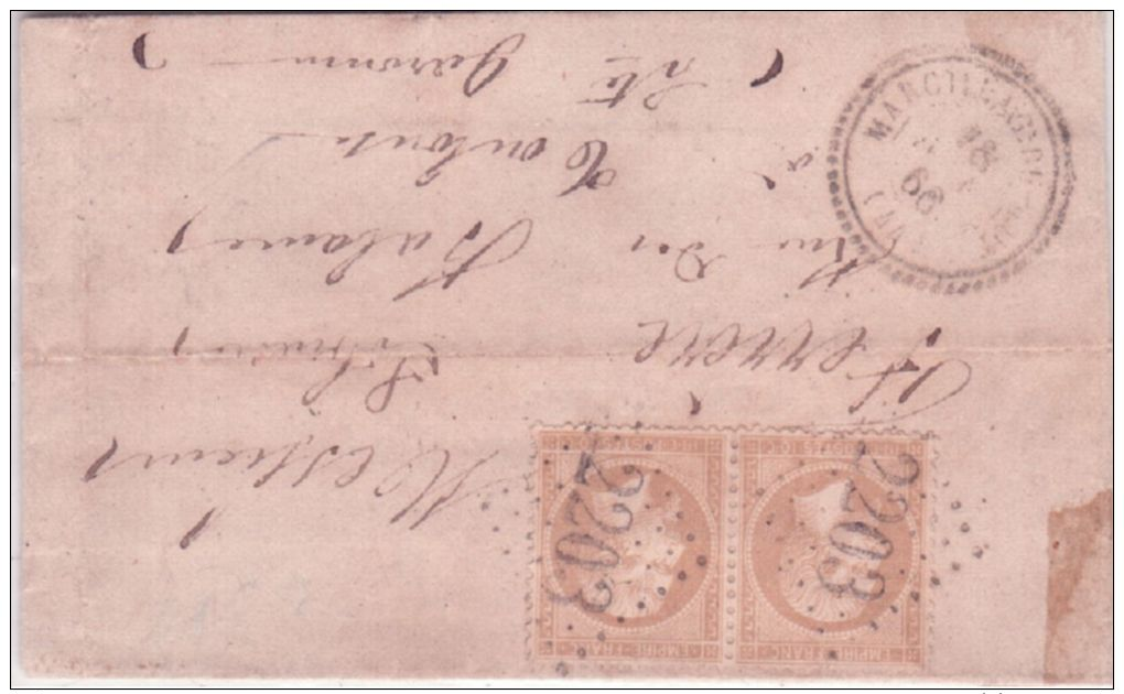 1866 - Lettre De MARCILLAC Du LOT ( Lot ) Cad T22 Affr. Paire N° 21 Oblit. G C 2203 - 1849-1876: Klassieke Periode