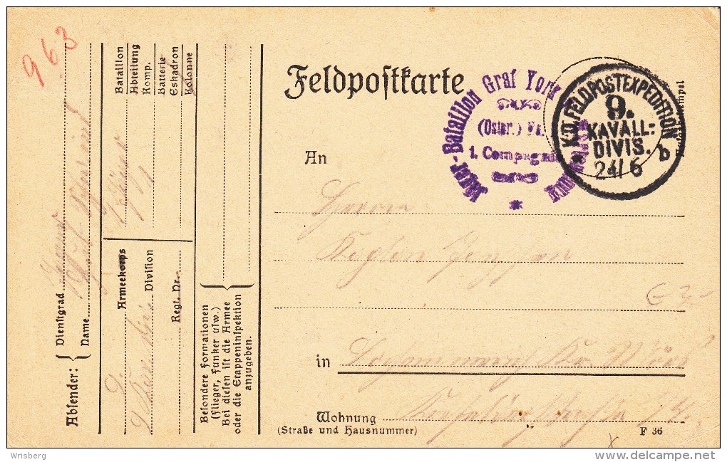 "Jäger-Bataillon Graf York V. Wartenburg + TàD K.D.FELDPOSTEXPEDITION / 9. KAVALL- / DIVIS. Du 24.6.(15) Sur Feldpostka - WW I