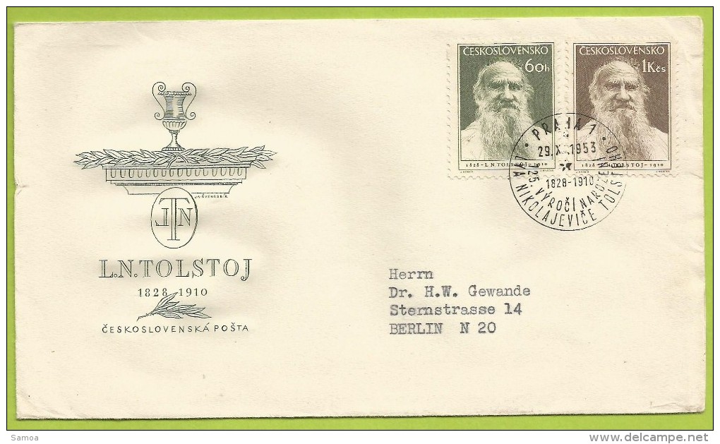 Tchécoslovaquie 1953 744 à 745 FDC Léon Tolstoï écrivain Tableau Du Peintre Russe Repin - FDC