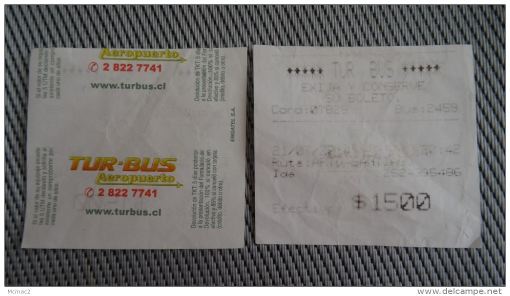 Bus Turbus Airport Ticket From Chile - Fahrkarte - Autres & Non Classés