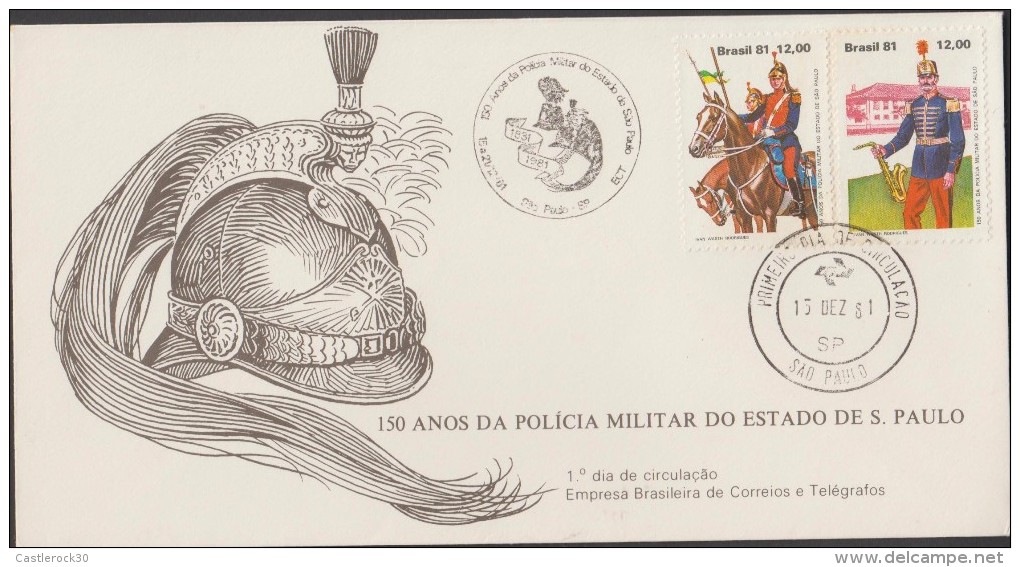 O) 1981 BRAZIL, CAVALRY,MILITARY BAND, 150 YEARS SAO PAULO MILITARY POLICE, FDC SLIGHT TONED XF - FDC