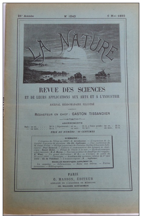 LA NATURE1893N°1040:ERUPTION ETNA 1892/FONTAINE-OZILLAC REFUGE SOUTERRAIN/CERF-VOLANT GEANT/ECLPISE SOLAIRE - Magazines - Before 1900