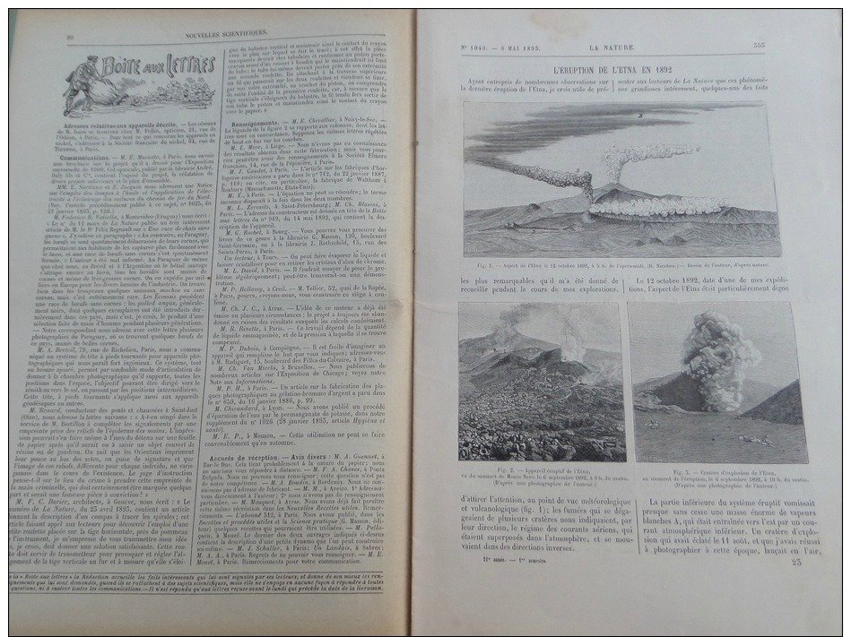 LA NATURE1893N°1040:ERUPTION ETNA 1892/FONTAINE-OZILLAC REFUGE SOUTERRAIN/CERF-VOLANT GEANT/ECLPISE SOLAIRE - Magazines - Before 1900