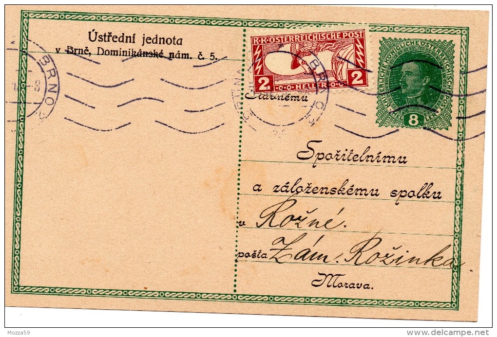 Austria, Brunn 2/Brno 2. #2. 28.X.1918 Uprated 8h Karl Postal Stationery Card To Zam Rozinka - Covers & Documents