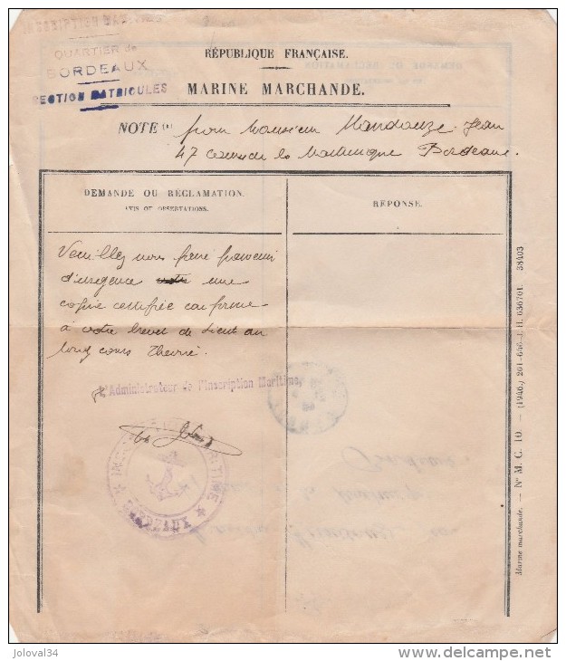 Marine Marchande Inscription Maritime BORDEAUX Demande De Copie Brevet De Lieut Au Long Cours Théorie - Transport