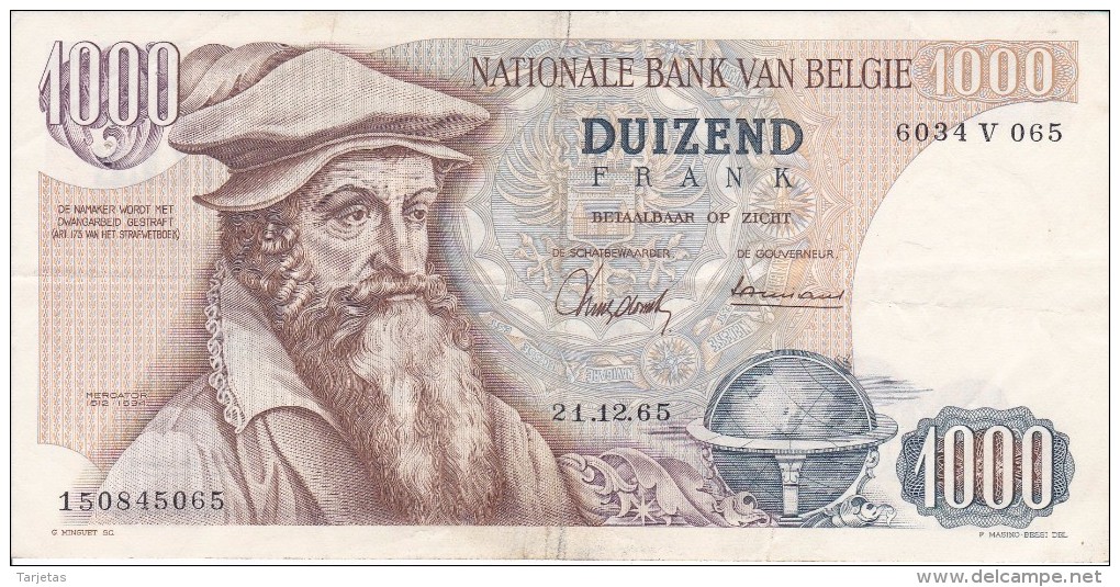 BILLETE DE BELGICA DE 1000 FRANCOS DEL 21-12-1965 DE MERCATOR  (BANKNOTE) - 1000 Frank