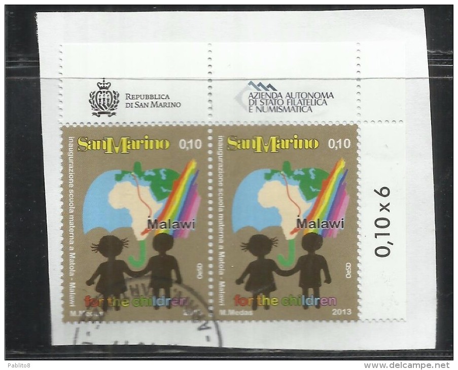SAN MARINO 2013 INAUGURAZIONE DI UNA SCUOLA MATERNA A MATOLA MALAWI € 0,10 COPPIA USATA PAIR USED OBLITERE´ - Used Stamps