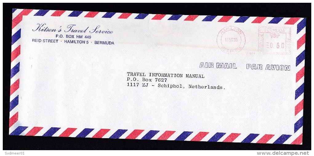 Bermuda: Airmail Cover Hamilton To Netherlands, 1985, Meter Cancel, Sent By Travel Service (minor Discolouring) - Bermuda