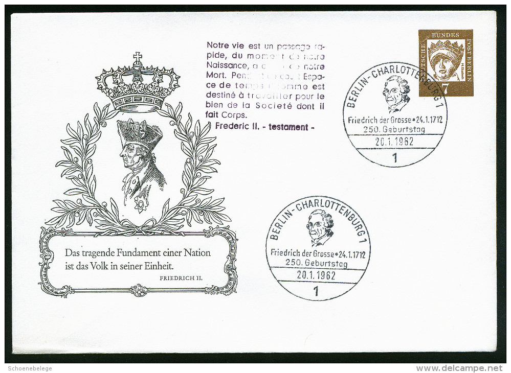 A3623) Berlin Privatganzsachenumschlag Mit Sonderstempel 20.1.62 Friedrich Der Grosse - Briefe U. Dokumente