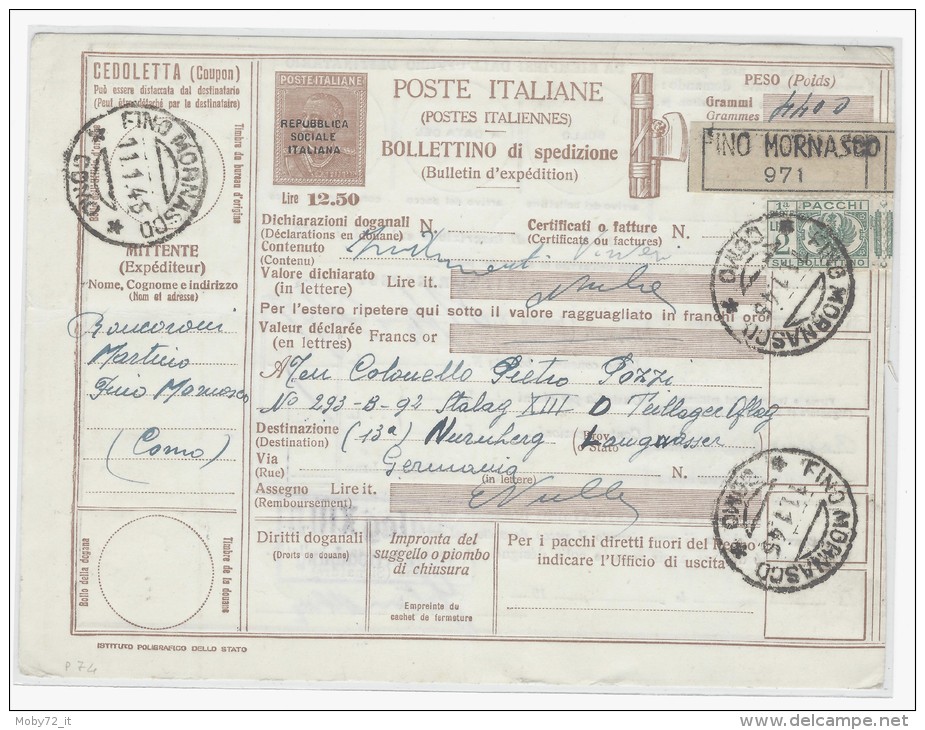 Bollettino RSI 12,50 Lire (P. 74) Racc. Da Fino Mornasco 11/01/45 Per Germania (Stalag XIII), Affr. Con P. Postali 2 L. - Colis-postaux