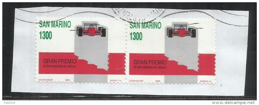 SAN MARINO 1989 LO SPORT IL GRAN PREMIO DI FORMULA UNO AD IMOLA LIRE 1300 COPPIA USATA PAIR USED OBLITERE´ - Usati