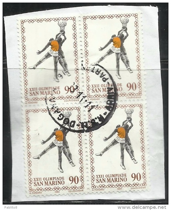 SAN MARINO 1980 OLIMPIADE DI MOSCA PALLACANESTRO SPORT OLYMPIC GAMES MOSCOW BASKET LIRE 90 QUARTINA USATO BLOCK USED - Gebraucht