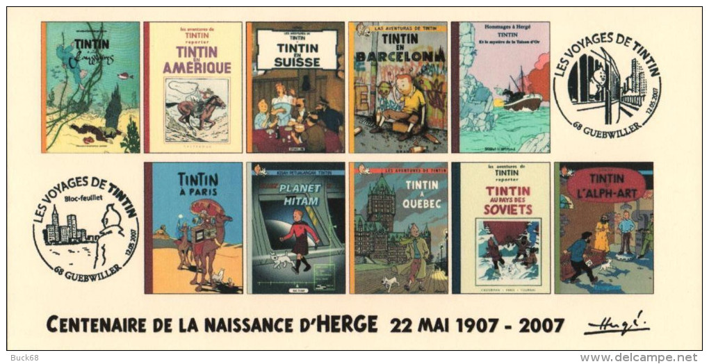FRANCE 2007 N°05 Albums Fictifs + 2 Cachets Premier Jour FDC TINTIN KUIFJE TIM HERGE GUEBWILLER - Hergé